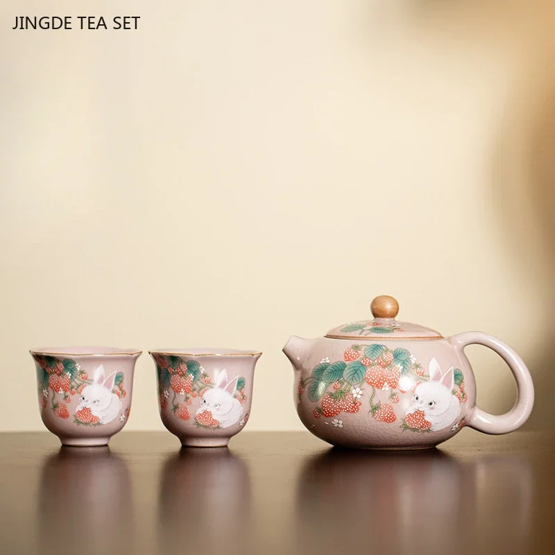 

1 set ceramic pink Ru kiln tea set one pot and two cups hand drawn biomimetic creative strawberry rabbit ceramic tea set