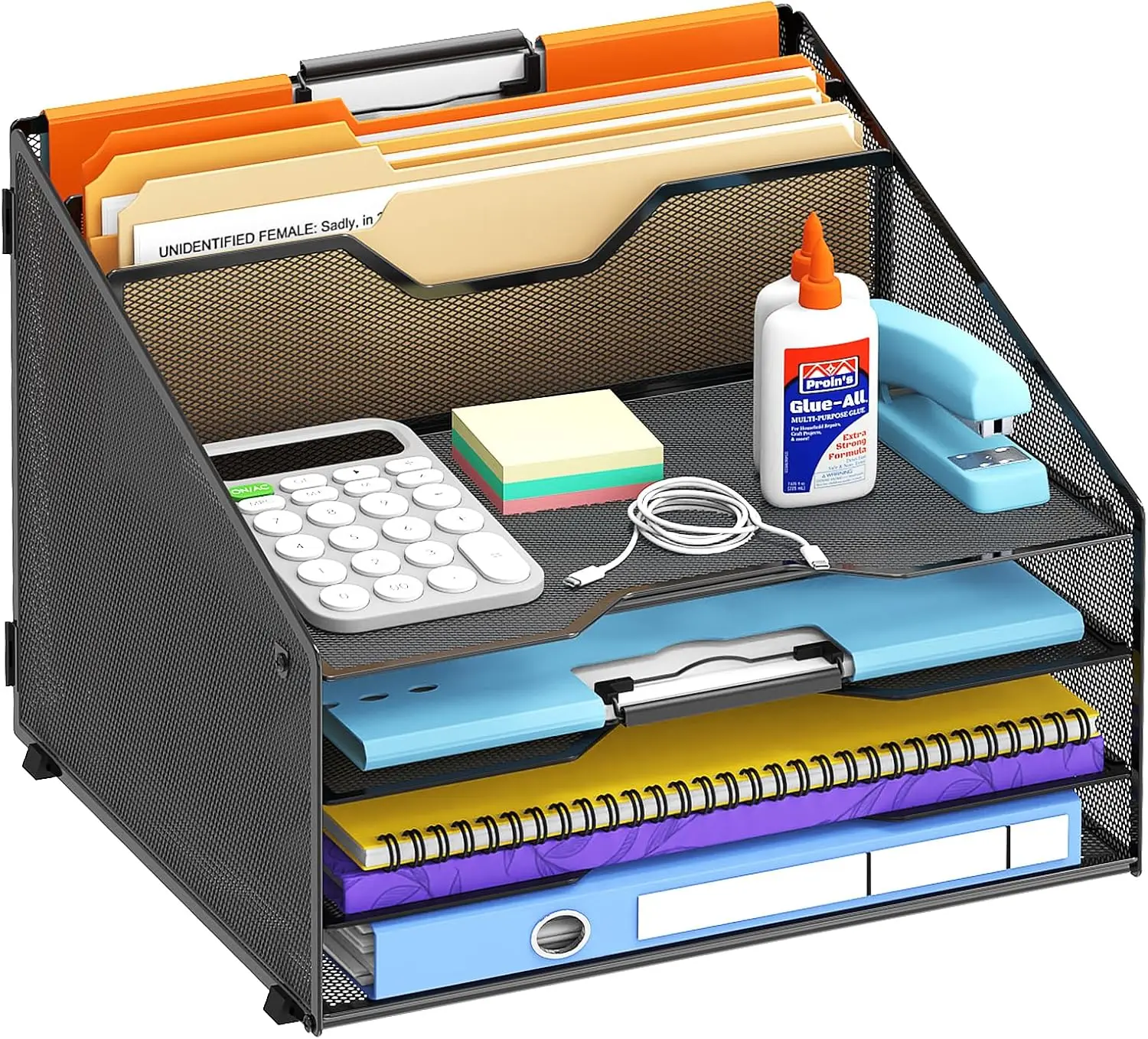 

Desk File Organizer with 4 Letter Trays & 2 Vertical Sections, Office Paper Sorter, Black