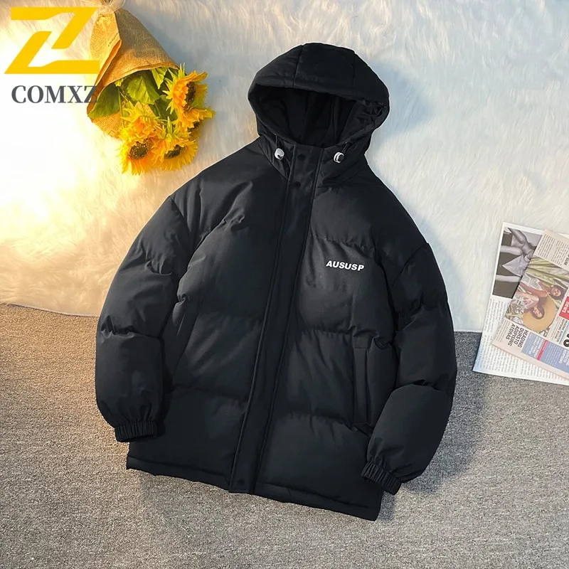 Men's Parka Coat 2025 Letter Print Warm Slim Outdoor Skiing Jacket Winter Windproof Travel Snow Hooded Trendy Bread Jacket
