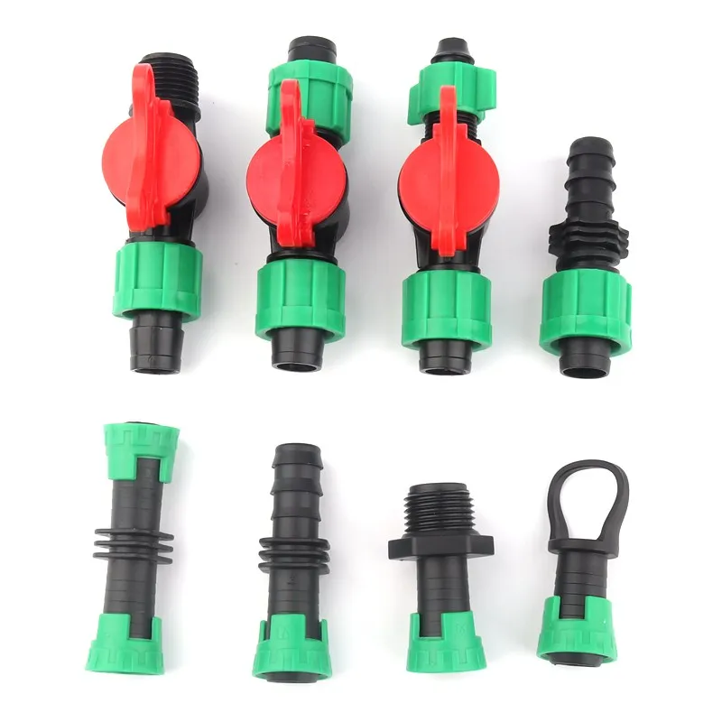 5Pcs/Lot 16mm Micro Irrigation Drip Tape Connectors Thread Locked Shut-Off Valve Elbow Tee Agricultural Drip Irrigation Fittings