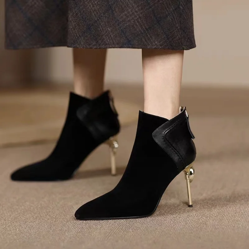 2024 Autumn Women Ankle Boots Elegant Brown Suede Short Botas Mixed Leather Iron Thin High Heels Black Botines Femininos Zapatos