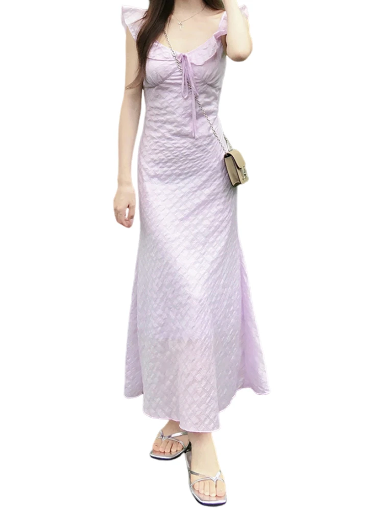 우아한 새틴 랩 드레스 여성 여름 퍼플 스커트 섹시 하이 웨이스트 롱 드레스 캐주얼 스윗 스타일 V넥 버블 소매 드레스