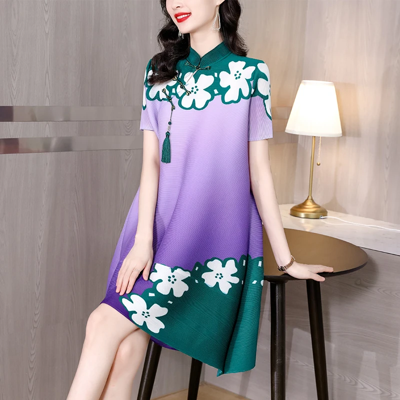 High-end Vintage Issey Pleated Printed Elegant Slim Dress Women's 2022 New Summer Miyak Improved Cheongsam Age-reducing Dresses