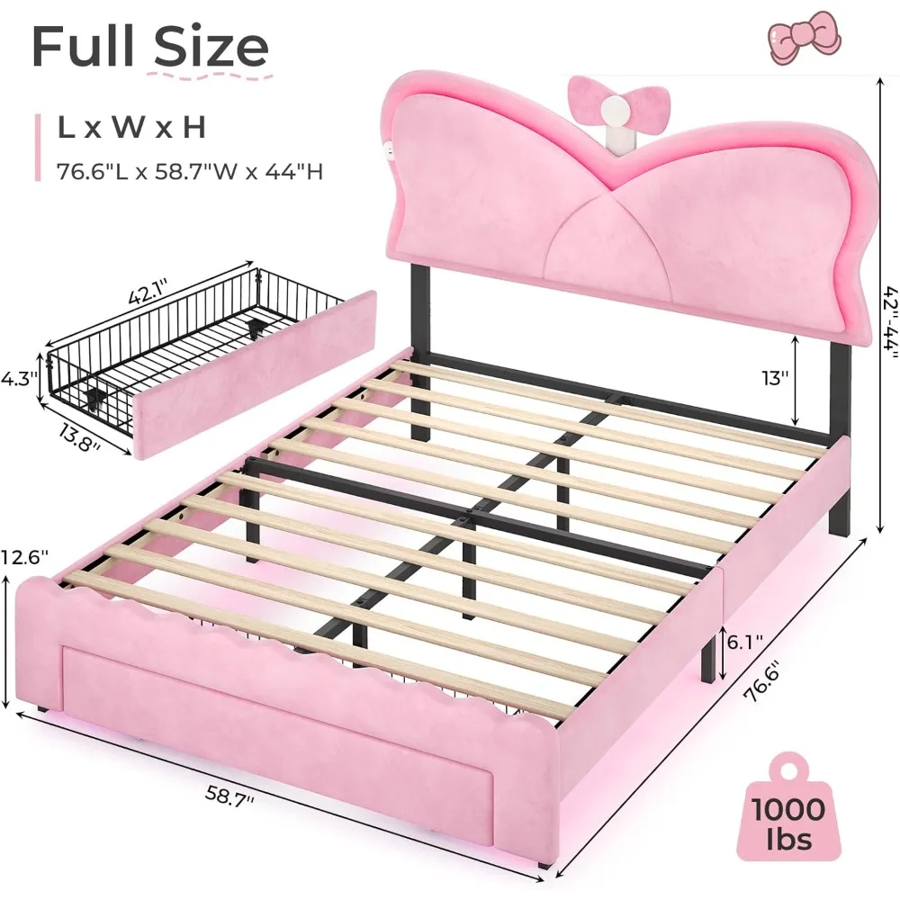 إطار سرير LED كامل الحجم مع درج تخزين ومحطة شحن، سرير منجد بربطة عنق مع لوح رأسي أنيق قابل للتعديل، مخمل #2