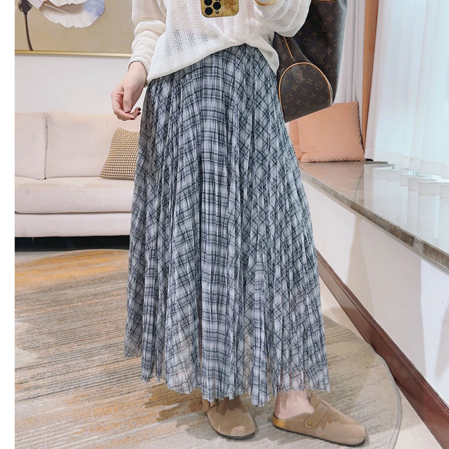 

Юбка-трапеция в клетку с высокой талией, женская, средней длины, с кружевной внутренней отделкой, новинка весна-лето