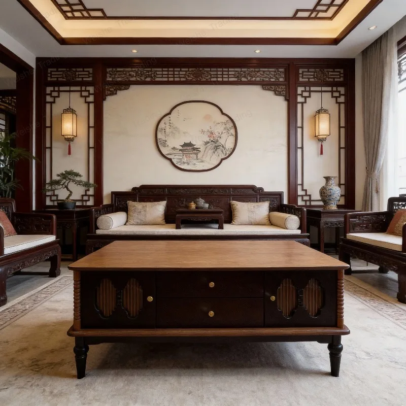 French retro solid wood coffee table living room home walnut + black color matching high-end American medieval sofa edge table