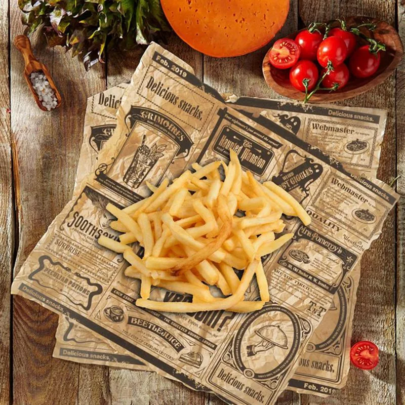 200Pcs English Newspaper Greaseproof Paper Snack Paper Oil-Absorbent Paper French Fries Sandwich Wrapping Paper, Yellow Durable