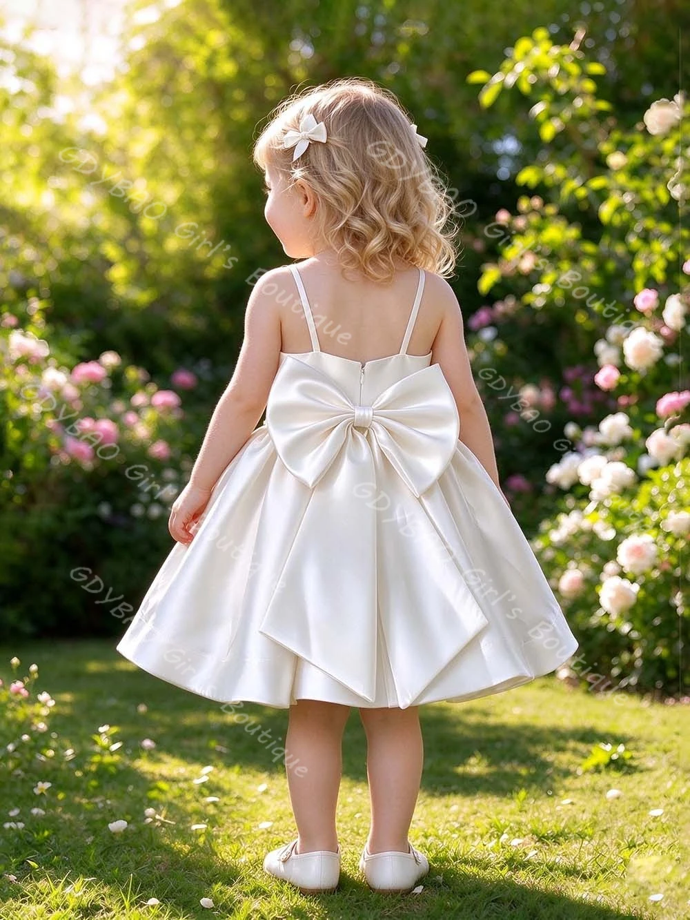 Simple Baby Girls Dress Spaghetti Strap Knee-length Princess Flower Girl Dress with Bow Ruffled Satin First Communion Party Gown