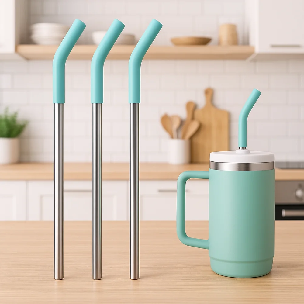 

12pcs Cup Accessories 8MM Metal Straws Tips Cover Curved Silicone Straw Topper Reusable Straw Cover Party