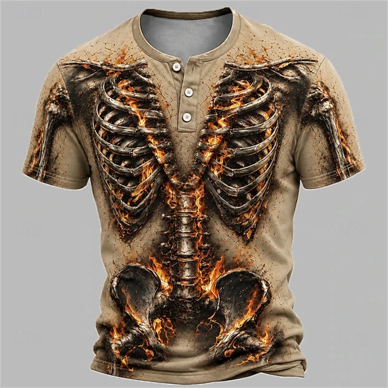 New Summer Outdoor Casual Men's T-Shirt Everyday Retro Men's Short-Sleeve Top Halloween Skull Print Men's Button-Down T-Shirt
