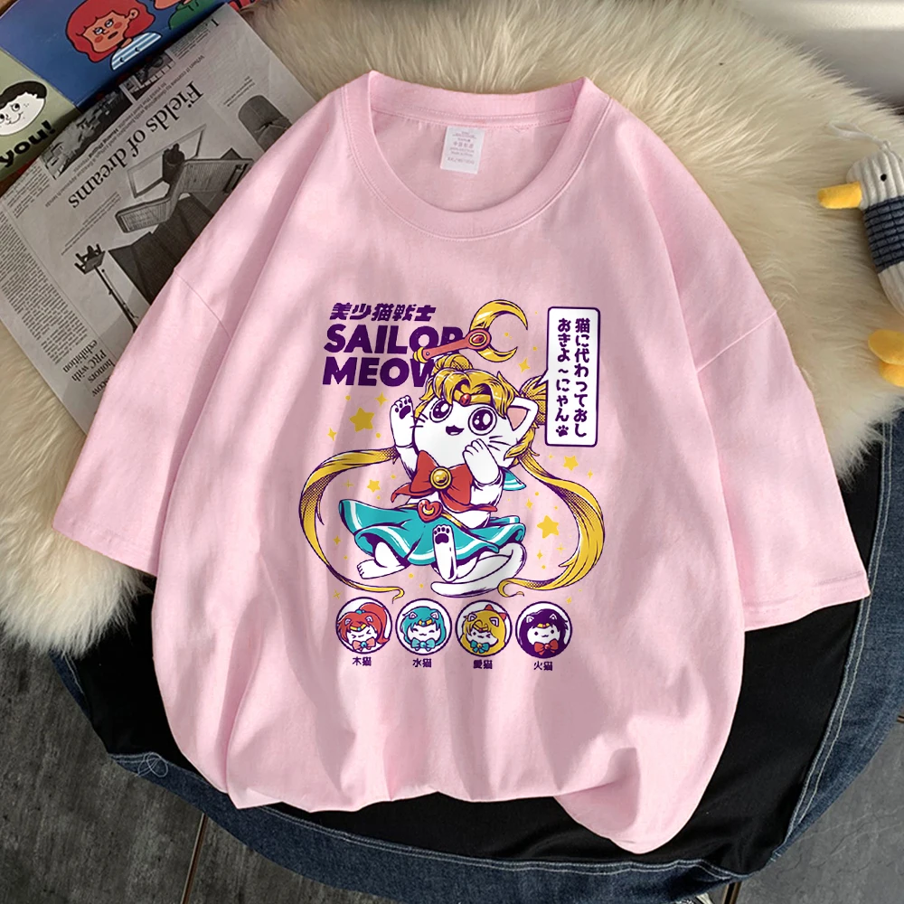 Cartoon Cat Sailor Moon Pattern Print T Shirts Comfortable Sports Tees Daily Versatile Clothes Skin Friendly Soft T-Shirt Women