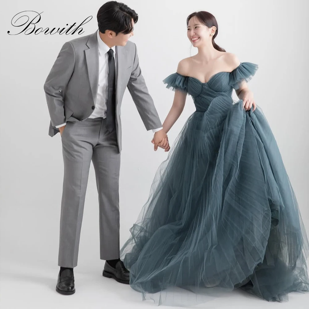 

Bowith Fairy Dusty Blue Korean Wedding Dresses 2025 Customized Tulle Bridal Gown A-Line Off the Shoulder Reception Dresses