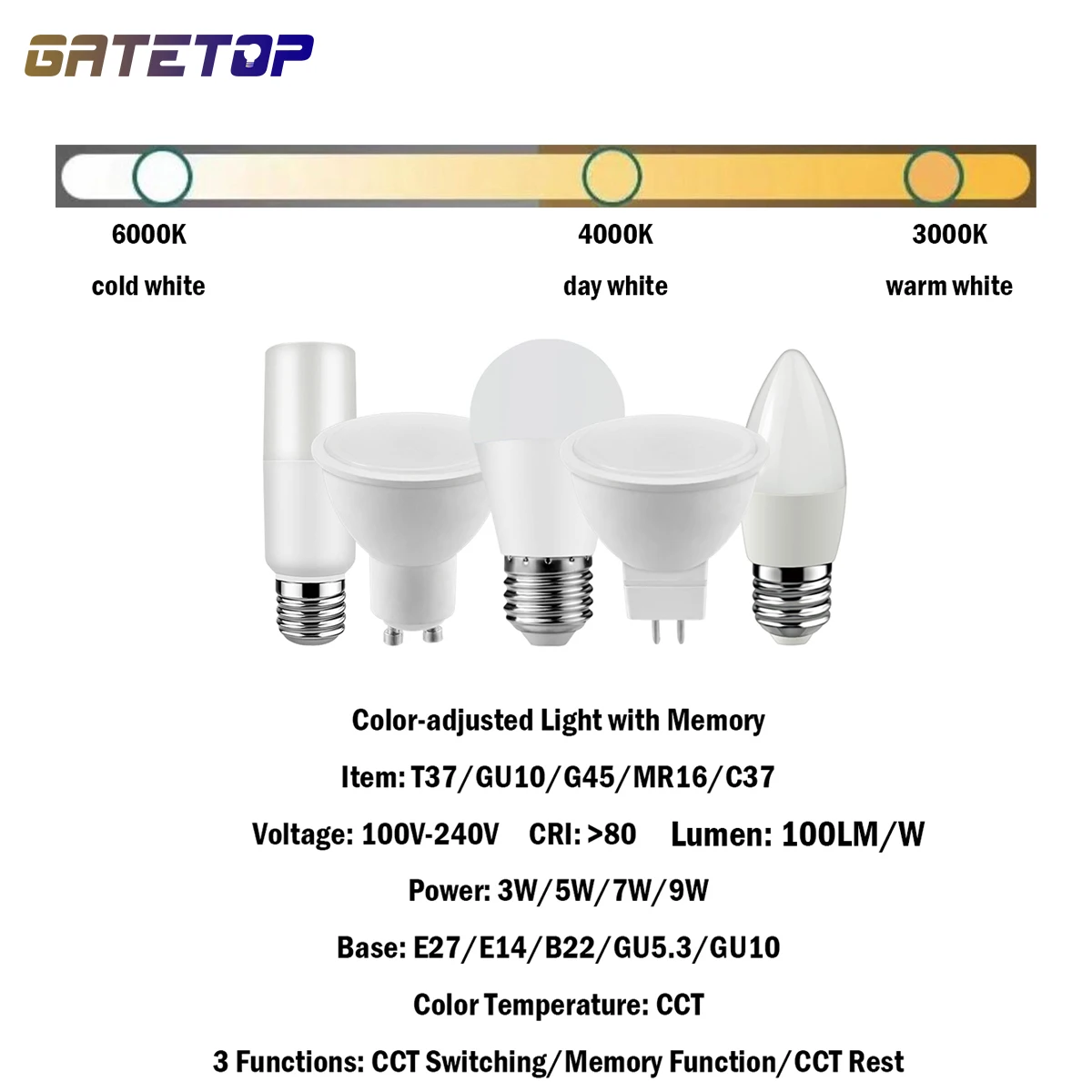 10PCS New LED Smart Light 3 Color-Adjusted with Memory 3-9W 100-240V GU10/MR16/C37/T37/G45 No Strobe 3 Functions for Home Office