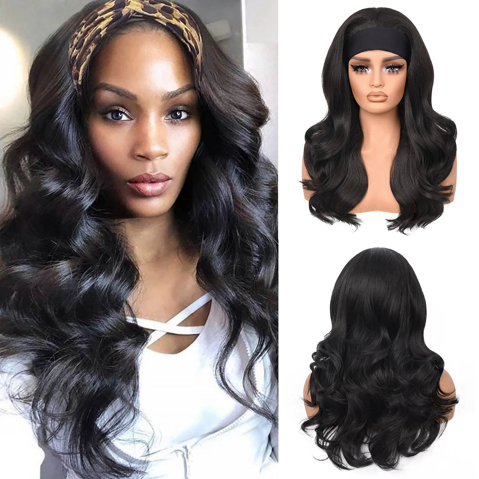 

Natural Black Body Wave Headband Wigs for Women Yaki Headband Wear and Go Glueless Wigs Synthetic Headband Wig Heat Resistant
