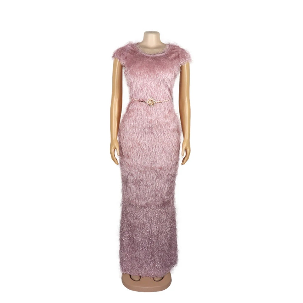 

African Women's Dress Elastic Velvet with Pine-needle Velvet and Metal Retractable Belt ML103Q12