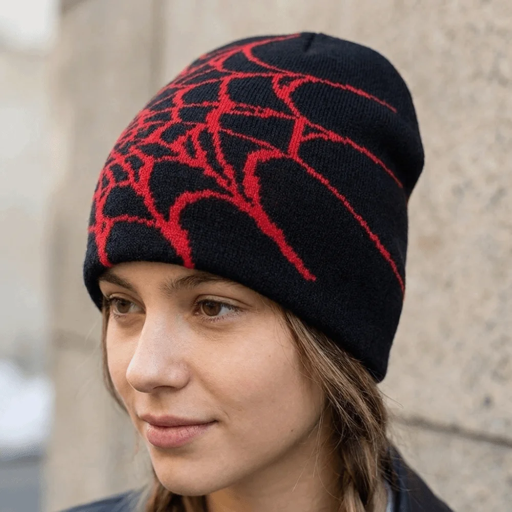 Gothic Soft Spider Web Pattern Beanie Caps Stretch Street Punk Pullover Hat Warm Multiple Colors Cuffed Knitted Hat Casual Wear