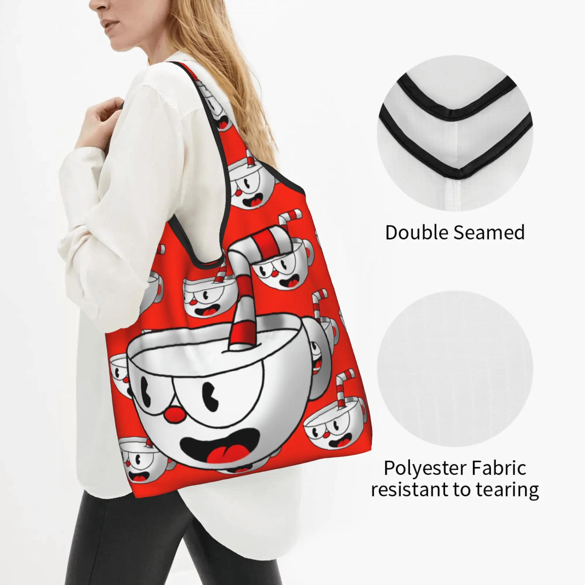 Vintage Retro Cartoon Music C-Cupheades  Groceries Tote Shopping Bag Kawaii Cute Shoulder Shopper Bag Large Capacity Handbag