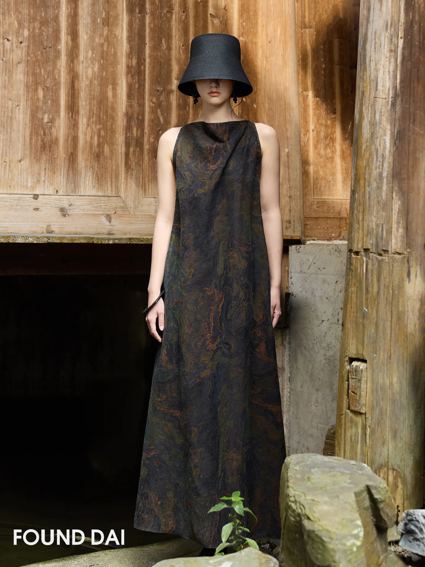 

Store Owner's Personal Silk Print Long Dr Narrow oulder Godd Sle Ele Loose Waist A-Line Skirt