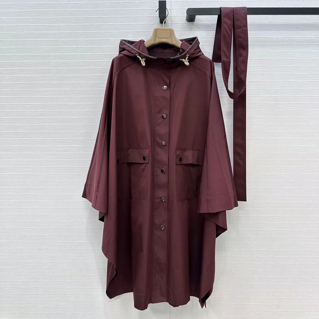 

2025 New Autumn Luxury Hooded Batwing Sleeve Solid Color Loose Long Trench Coat Women Cool Streetwear Overcoat with Belt