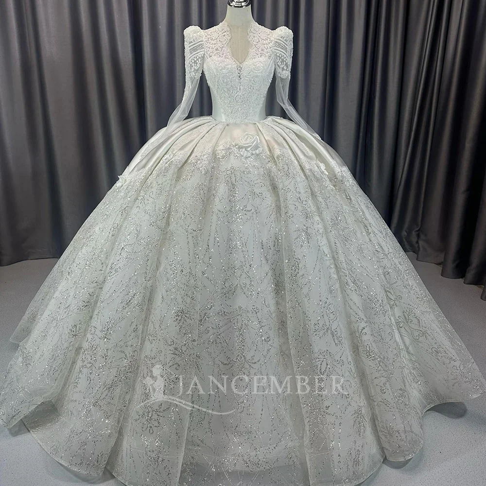 Customized Ball Gown Wedding Dresses This Season Long Sleeves V Neck Sequins Princess Court Train Bridal Gowns Vestina De Novia
