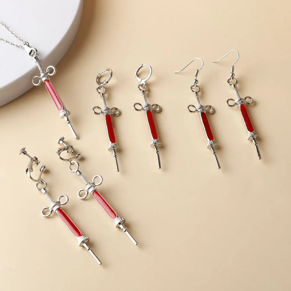 Film le Patient anglais thème collier boucle d'oreille bijoux Vintage seringue forme émail pendentif en alliage métallique Cosplay accessoires accessoire