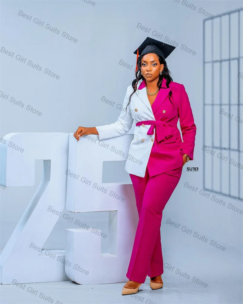 Costume 2 pièces blanc rose pour femmes, Blazer + pantalon pour remise de diplôme, veste formelle de bureau pour dames, manteau de mariage personnalisé avec ceinture, automne