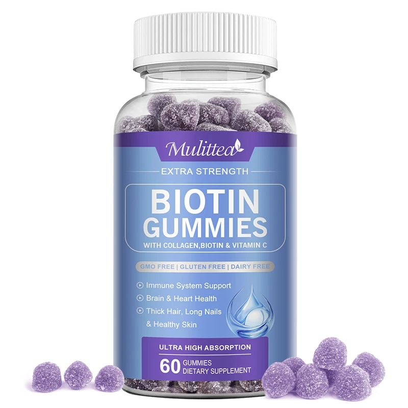 Mulittea Biotin Gummis 1200mg Ergänzung Protein Unterstützung Anti-Aging-Formel starke Nägel glänzendes Haar glühende glatte Haut vegan