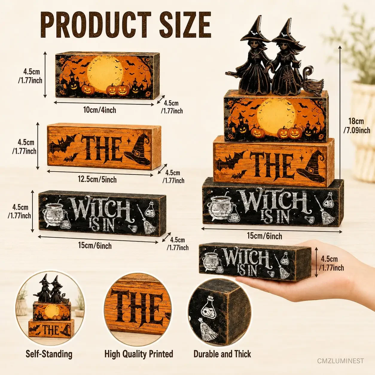 CMZLUMINEST 4pcs Halloween Table Decorations, Witch Magic Hat Wooden Label, Halloween Wooden Layered Tray Decoration, Halloween Table Center Decor, Party Table Center Decor, Suitable For Offices, Kitchen Shelves, Entrance Halls, Bedrooms, Coffee Bars