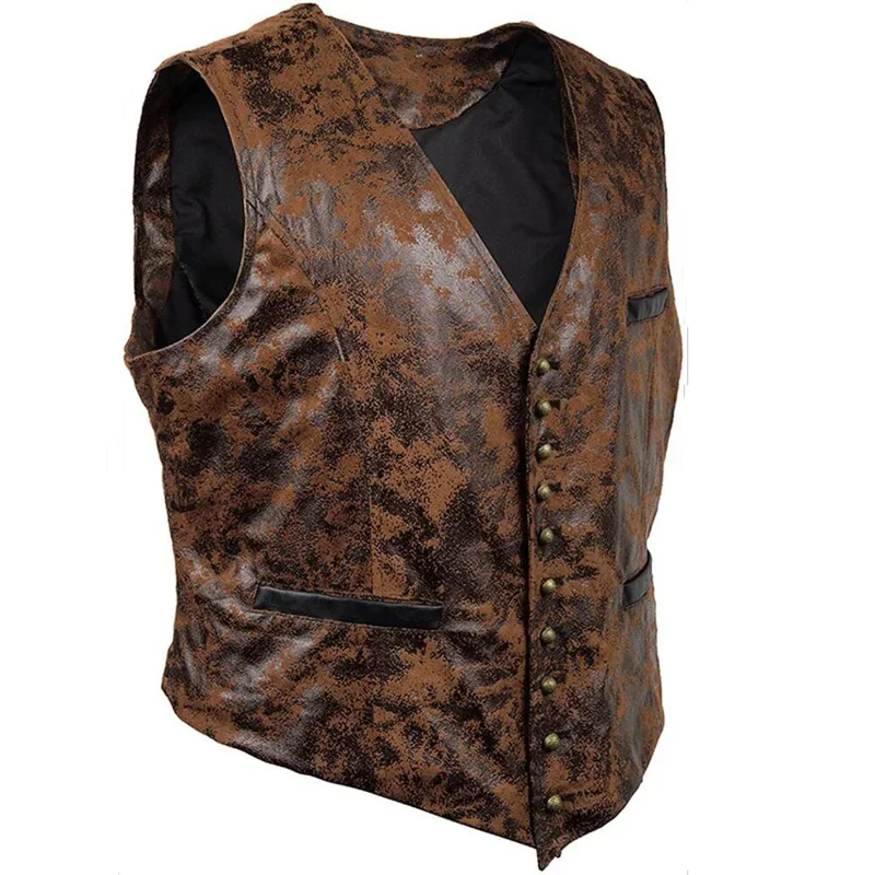 Men\'s Steampunk Cosplay Costume Vest Jacket New Rivet Button Faux Leather Cowboy Waist Coat