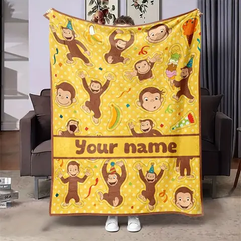 Personalized Custom Name Blanket - Soft Flannel Throw with Cute Cartoon Monkeys, Bananas & Party Hats -  All-Season Cozy Gift fo