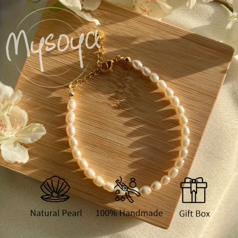 

MYSOYA 4-5mm Natural White Rice Shape Freshwater Pearl Bracelet For Women With Gift Box Perfect Birthday Wedding Jewelry Gift