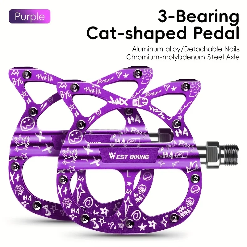 

Road/MTB Bike Pedals Aluminum Alloy Bicycle Pedals Cute Cat Wide Mountain Bike Pedal with Removable Anti-Skid Nails Lightweight