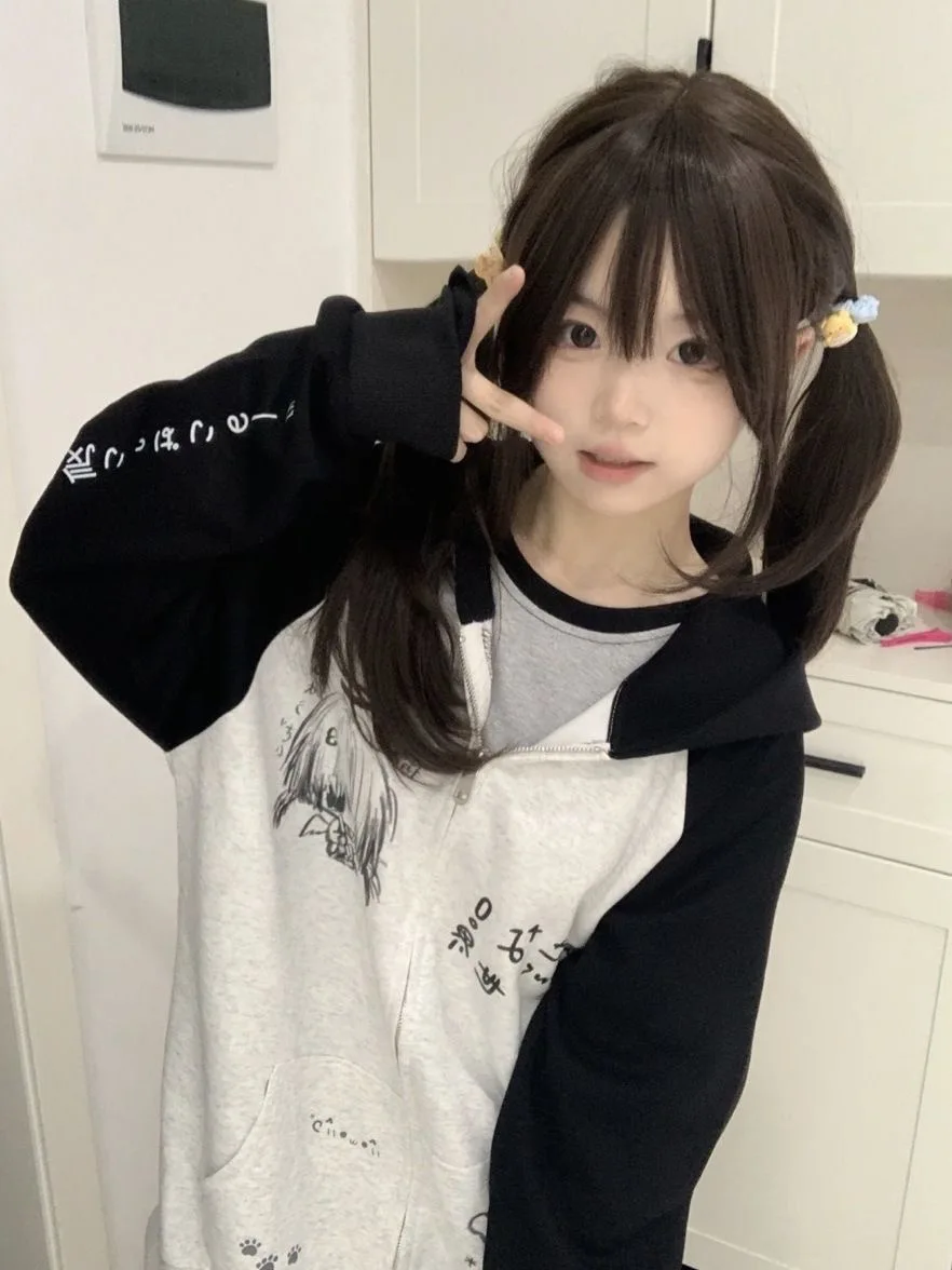 Japanese Contrast Color Hooded Tops Women Y2k Aesthetic Cartoon Print Grunge Hoodie Casual Zip Up Sweatshirt Harajuku Streetwear