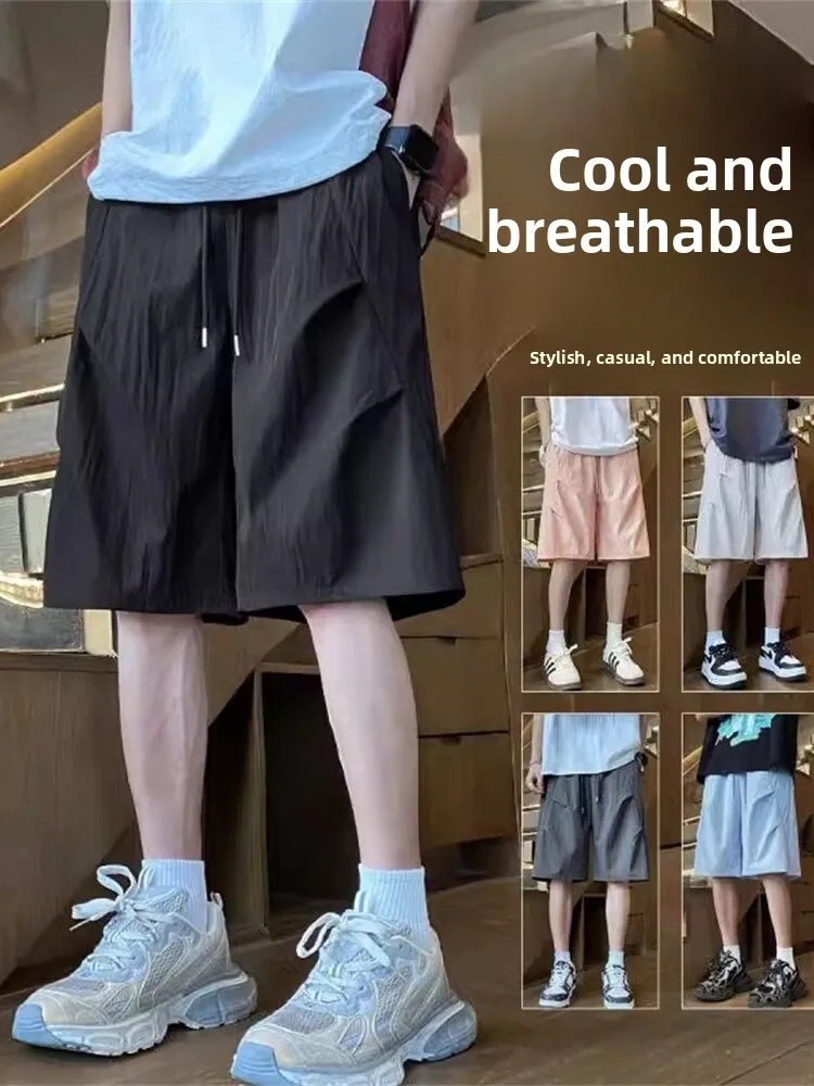 

Ice Silk Qui Dry Men's orts Summer 2024 Trendy Brand Pleated American Five-Point Casual Loose Sports Mid-Length Pants