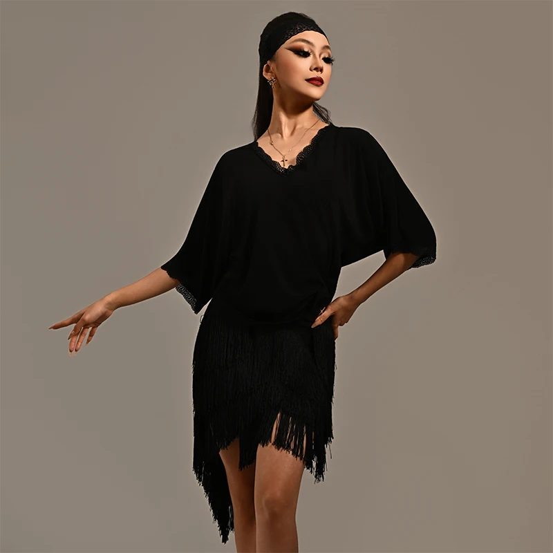 Loose Latin Dance Tops Women Black Lace V Neck Short Sleeves Practice Tops Rumba Chacha Dance Clothes Professional Wear DNV27805
