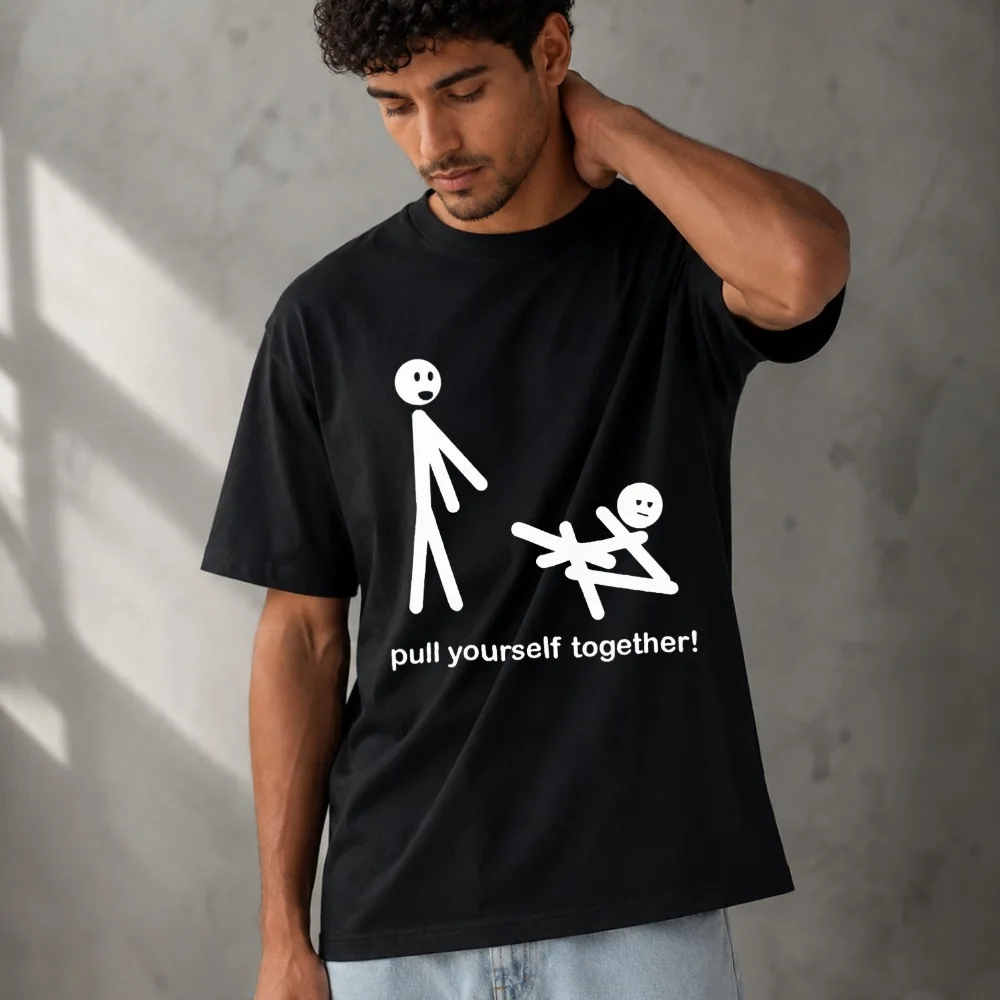 Pull Yourself Together Funny Stick Figure Cartoon Graphic Men Modal T‑Shirt Print O‑Neck Tee Soft Lightweight Summer Casual Tops