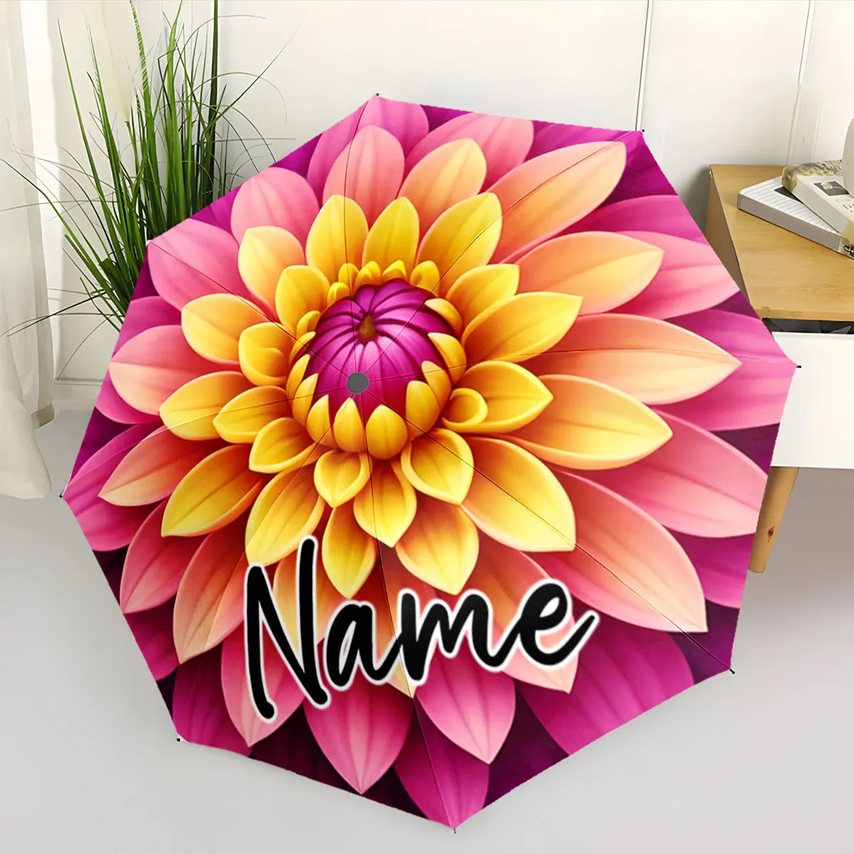 Custom Name Floral Pattern Umbrella with Gradient Petal Design Print 8 Iron Ribs Folding Umbrella, Auto-Open Fashion Sunshade