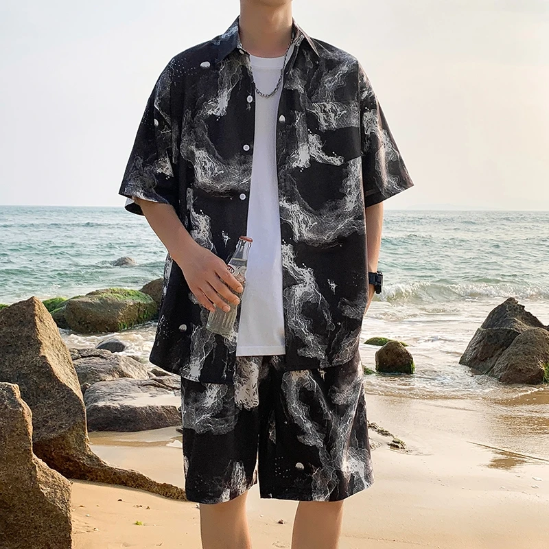 Summer 2 Pieces Set men suit Men's Two Piece Print T-Shirt and Shorts Streetwear Oversized Men Sets Short youth style Suits