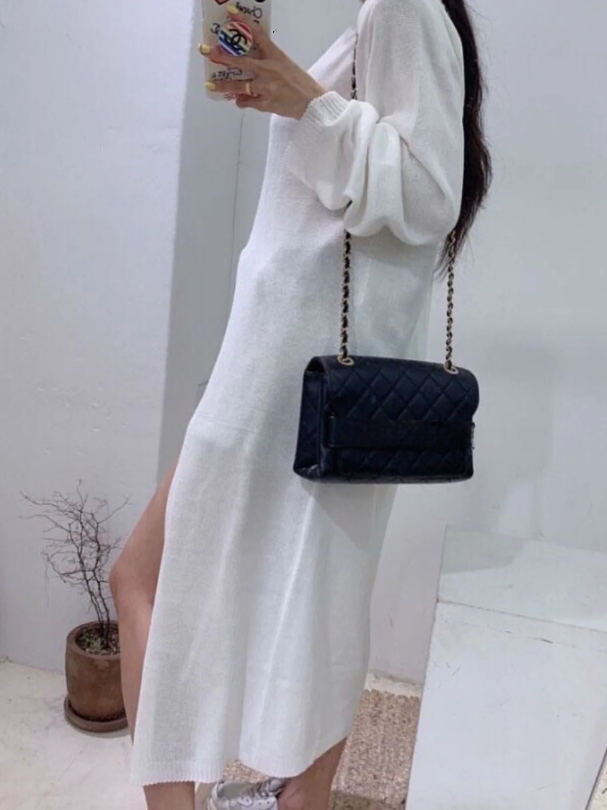 

Ladies Long Sve Knitted Sweater Mid-Length Open Split Casual Faionable Loose Fit Spring Autumn Versatile Low round Ne