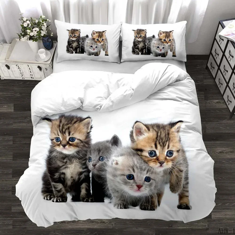 

3D Digital Printing 2/3pc Animal Cat Pattern Quilt Cover Pillowcase Double Bed Set Cover Quilt Soft Microfiber Bedding Set