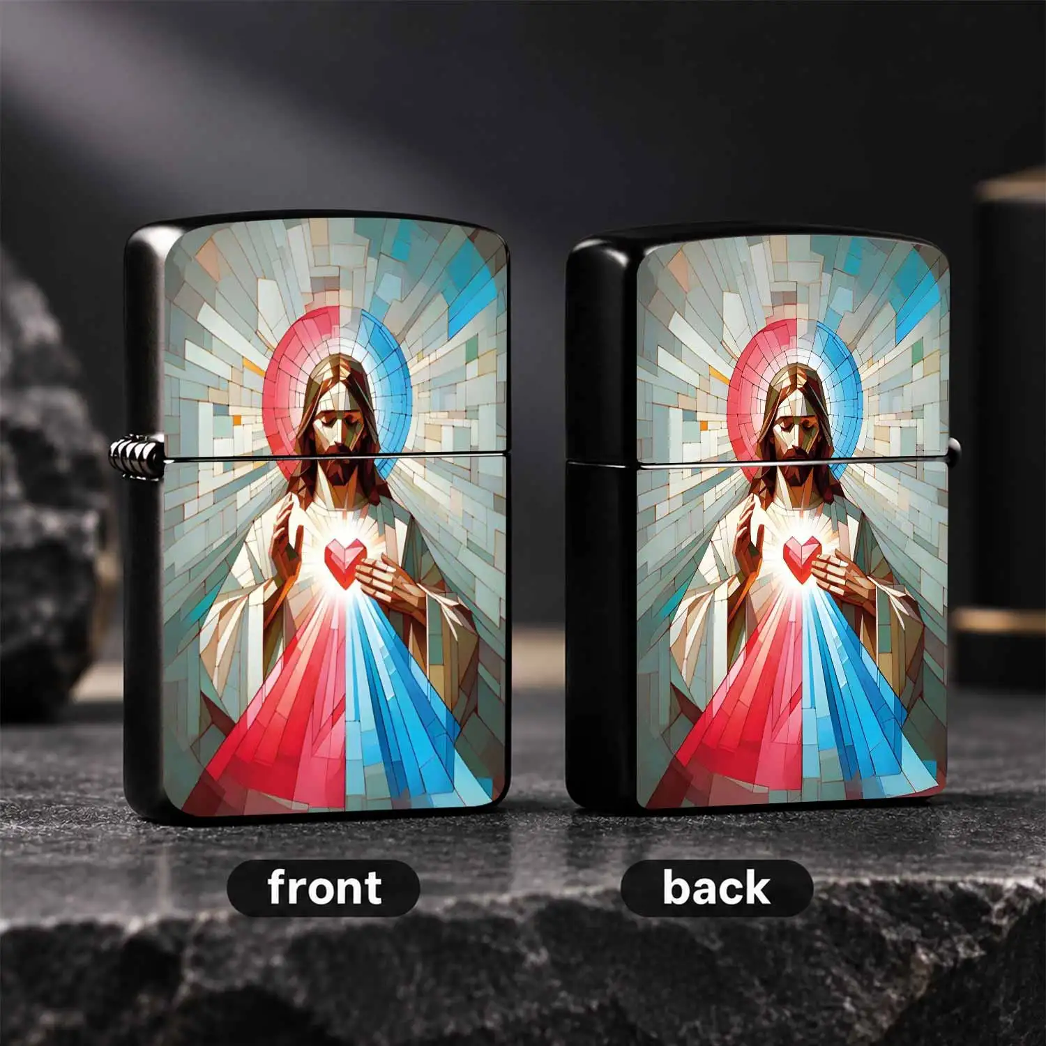 Mosaic Stained Sacred Heart Jesus Lighter, Artistic Geometric Religious Style Windproof PORTABLE Igniter, Smooth Durable Body for Daily Use, Ideal Gift for Faith Believers, Collectible Creative Present for Outdoor Indoor Lighting Needs A