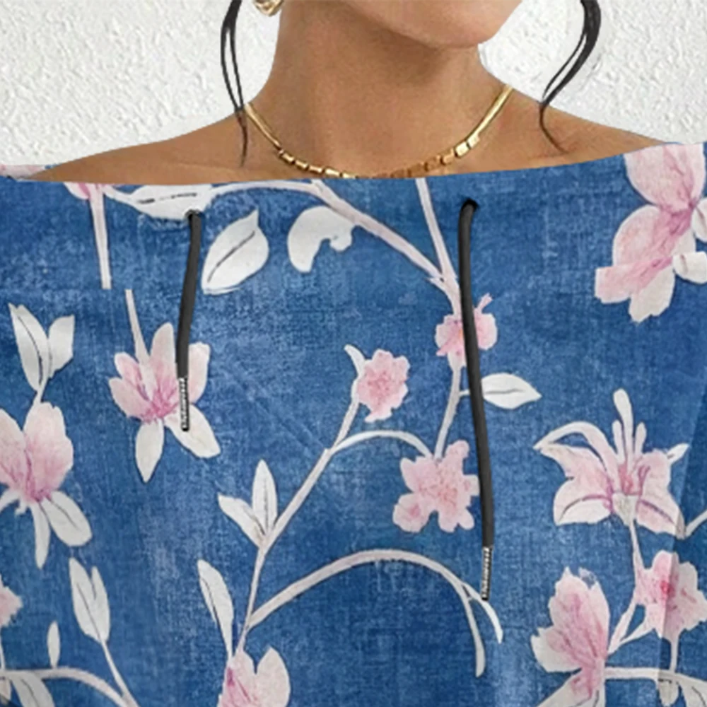 المرأة الأزرق خمر الأزهار طباعة البلوز قبالة الكتف الرباط البلوز الأعلى مع الزهور الوردية فضفاضة تناسب بلوزة عادية