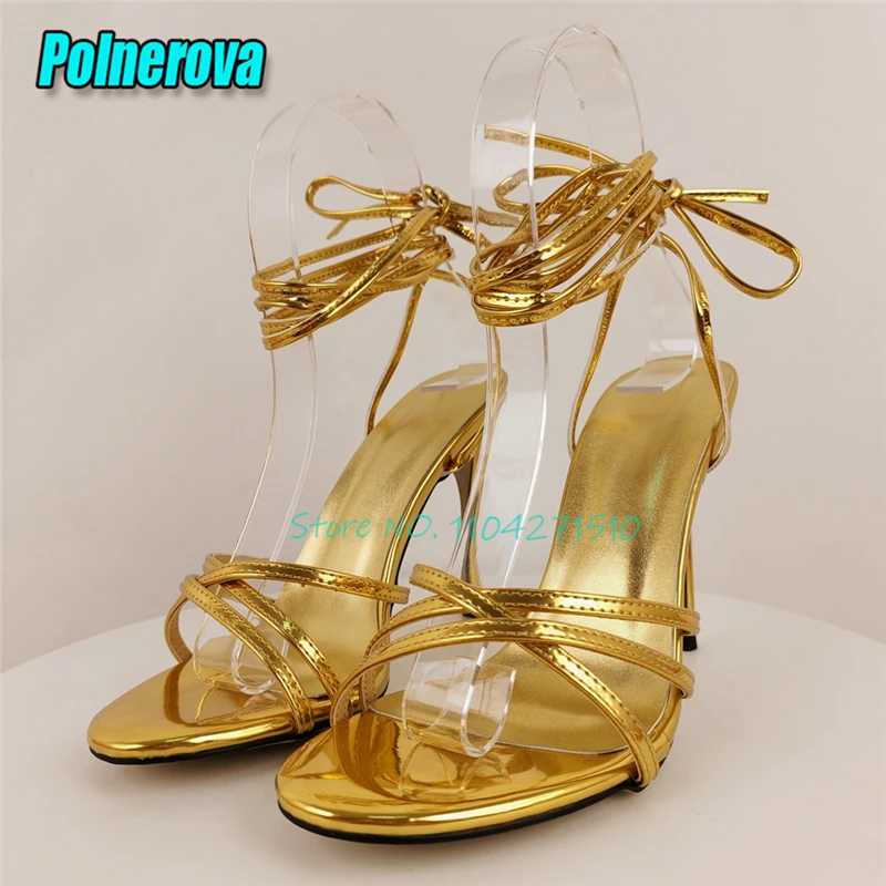 Golden Cross Strap Stiletto Sandals for Women Sexy Open Toe Ankle Lace-Up Thin High Heels Fashion Party Banquet Wedding Shoes