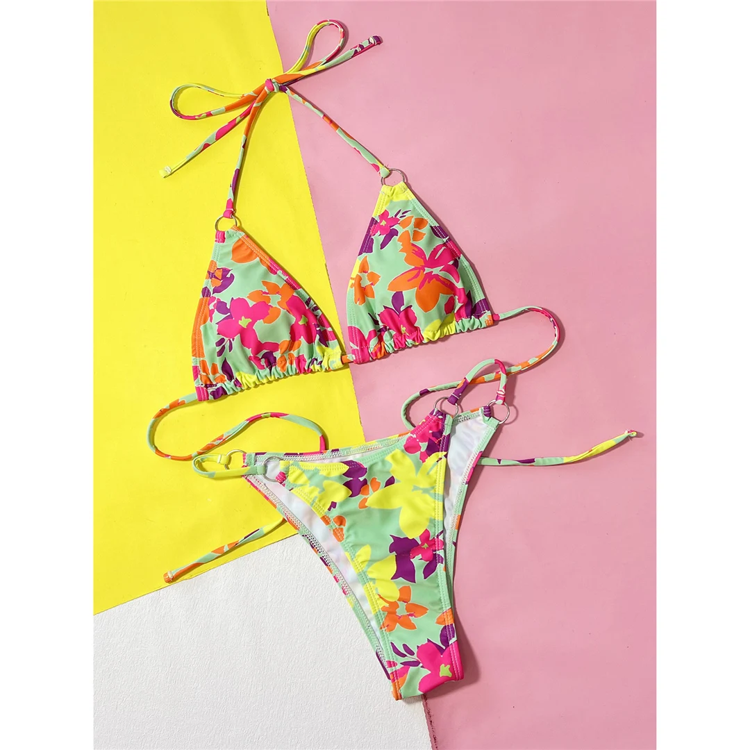 Sexy, farbenfroher Bikini mit Blumenmuster, Damen-Badeanzug, zweiteiliges Bikini-Set, Badebekleidung, Badeanzug, Modell V5435. – Detail 9
