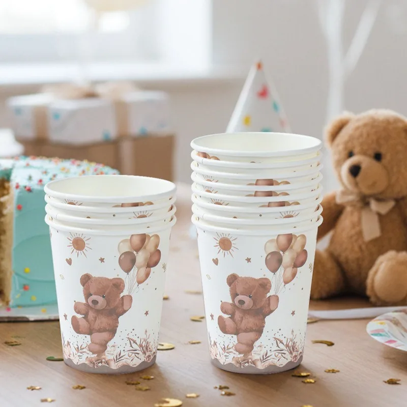 8 Assiettes en Carton Thème Ours Brun pour Fête d'Anniversaire Enfant, Vaisselle de Baptême et de Baby Shower, Fournitures de Fête DIY
