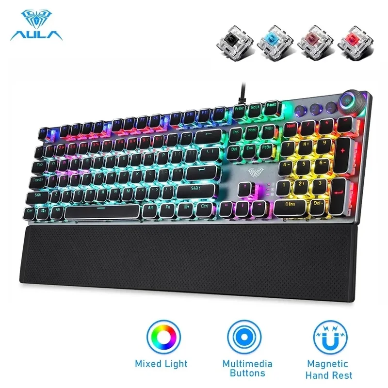 Aula Gaming tastiera meccanica Retro Square incandescente Keycaps retroilluminato Usb cablato 104 tastiera da gioco Anti-ghosting per Pc Laptop