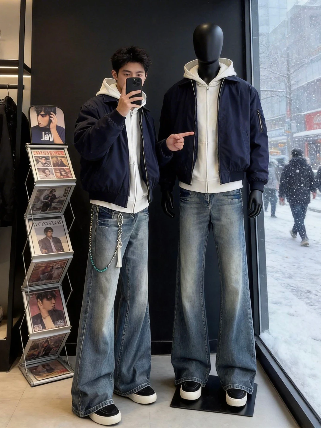 

Retro American Blue Denim Jeans Men's Spring Waed Micro Flared Straight Leg Pants Thunderbolt Pattern Jeans Casual Wear