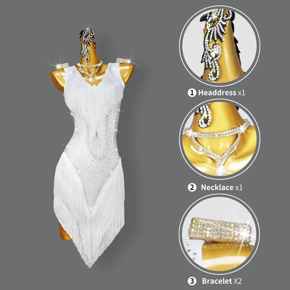 Latin Dance Kleidung Bühnenkostüme Damen Kleid Ballsaal Praxis Sexy Prom Outfit Mädchen Quaste Weiße Röcke Party eleganter Anzug