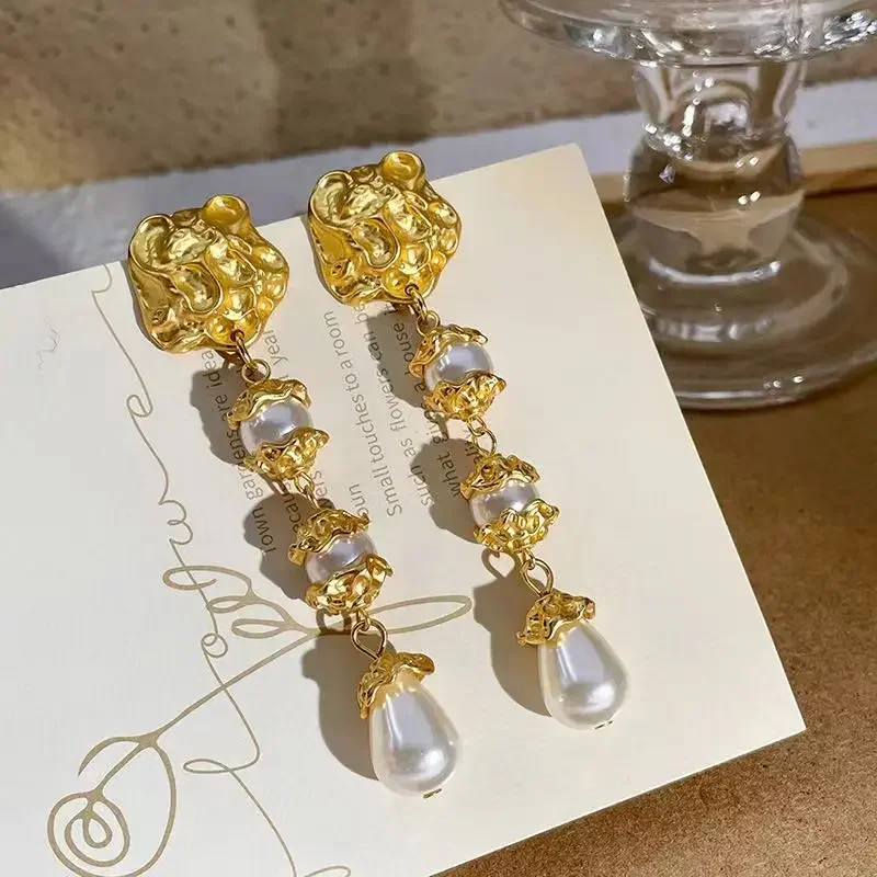 Vintage Gold Color Drop Pearl Earrings