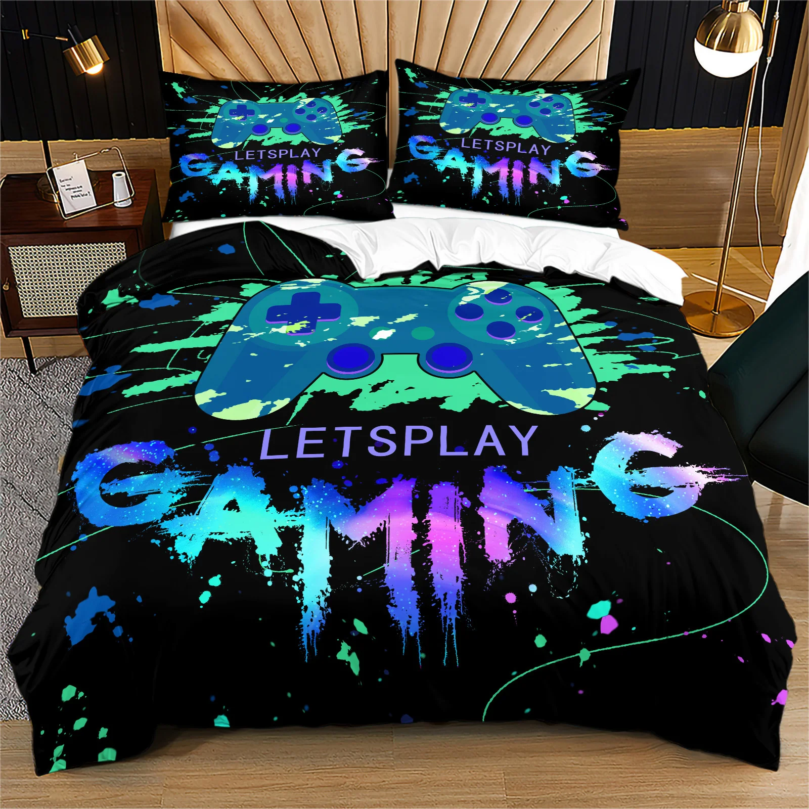Let's Play Gaming Duvet Cover Set Game Controller Bedding Set Black Background Graffiti Splatter Print Quilt Cover Gamer Bedroom
